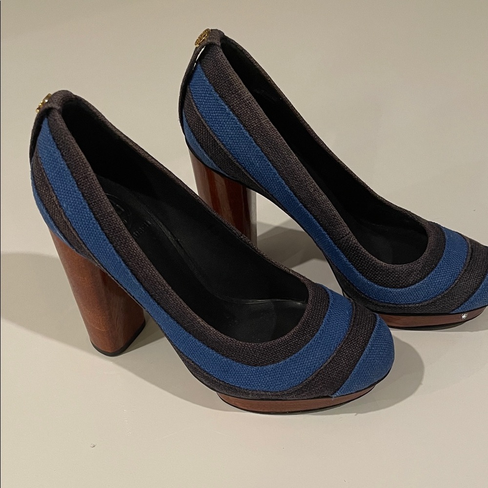 Tory Burch Striped Blue and Black Heels